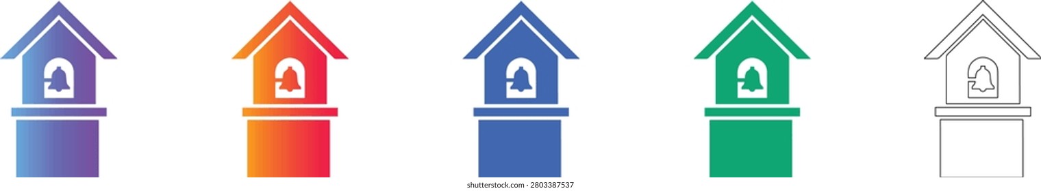 A set of five icons featuring a bell tower or chapel architecture, available in gradient colors and a simple line art style. Perfect for themes related to history, religion, and travel.