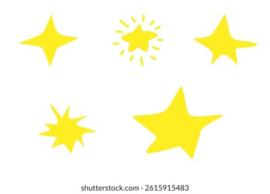 Set of five icons isolated on  white background. Stars in different styles and shapes. Color is yellow. Flat cartoon design.