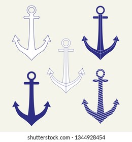 Set of five icons of ship anchors. Isolated vector illustration on gray background.