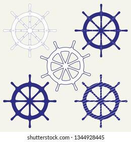 A set of five icons of the ship's steering wheels. Isolated vector illustration on gray background. 