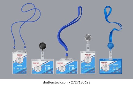 Set von fünf Identifikationsabzeichen mit blauen Lanyards und einziehbaren Clips auf grauem Hintergrund. Jedes Badge zeigt ein Profilbild und Firmeninformationen für Veranstaltungen.