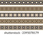 Set of five illustrated decorative borders made of abstract elements in beige, brown, blue and red