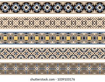 Set of five illustrated decorative borders made of abstract elements in beige,blue, yellow, brown and black