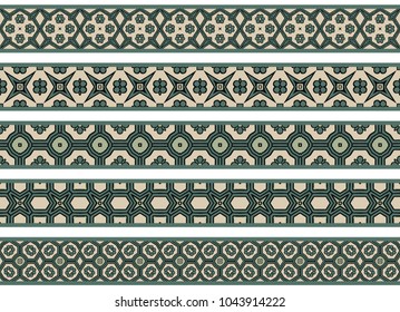 Set of five illustrated decorative borders made of abstract elements in beige, green and black