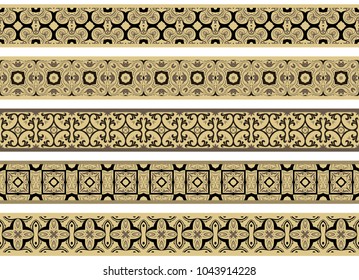 Set of five illustrated decorative borders made of abstract elements in beige, gray and black