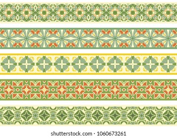 Conjunto de cinco bordes decorativos ilustrados hechos de Elementos abstractos en beige, verde, naranja, turquesa y amarillo