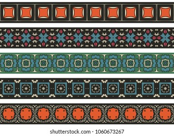 Set of five illustrated decorative borders made of abstract elements in beige, green, orange, pink, turquoise and black