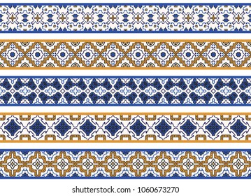 Set of five illustrated decorative borders made of abstract elements in white, yellow, blue and black