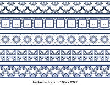 Set of five illustrated decorative borders made of abstract elements in white and shades of blue