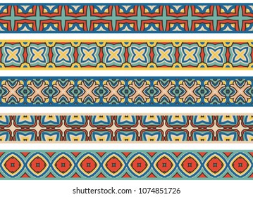 Set of five illustrated decorative borders made of abstract elements in beige, turquoise, yellow, red, blue and black