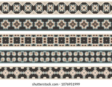 Set of five illustrated decorative borders made of abstract elements in beige, turqoise, brown and black