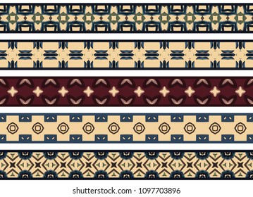 Set of five illustrated decorative borders made of abstract elements in beige, green, brown, purple and blue