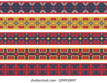 Set of five illustrated decorative borders made of abstract elements in beige, red, yellow and dark blue