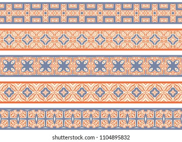 Set of five illustrated decorative borders made of abstract elements in beige, blue and red