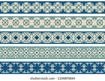Set of five illustrated decorative borders made of abstract elements in beige, turqoise and blue