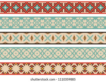 Set of five illustrated decorative borders made of abstract elements in beige, brown, orange, turqoise and red