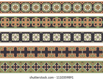 Set of five illustrated decorative borders made of abstract elements in beige, green, orange and black