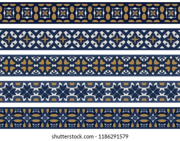 Set of five illustrated decorative borders made of abstract elements in white, blue and brown