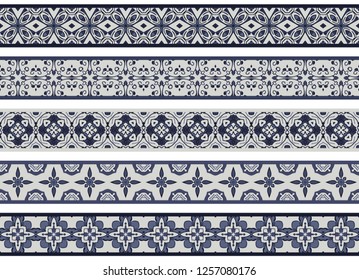 Set of five illustrated decorative borders made of abstract elements in light gray and shades of blue