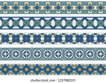 Set of five illustrated decorative borders made of abstract elements in white, blue, yellow, turqoise and black