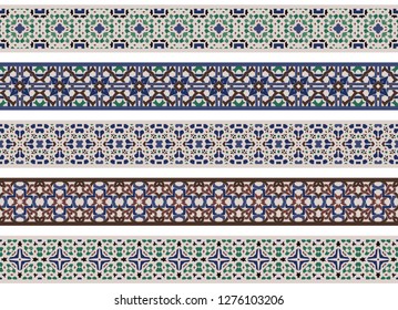 Set of five illustrated decorative borders made of abstract elements in beige, green, turqoise, blue, brown and black