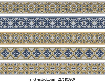 Conjunto de cinco bordes decorativos ilustrados hechos de Elementos abstractos en beige, amarillo y azul