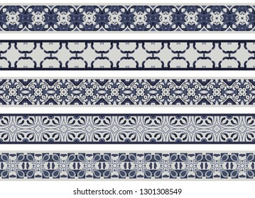 Set of five illustrated decorative borders made of abstract elements in light gray and shades of blue