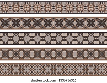 Set of five illustrated decorative borders made of abstract elements in beige, brown, gray and black