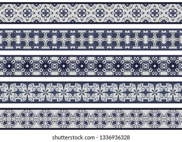 Set of five illustrated decorative borders made of abstract elements in light gray and shades of blue