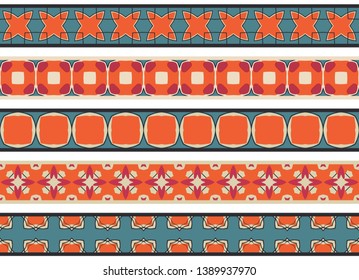 Set of five illustrated decorative borders made of abstract elements in beige, orange, turquoise, red and black