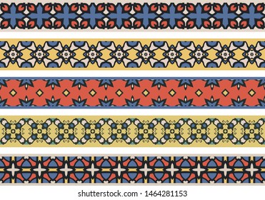 Set of five illustrated decorative borders made of abstract elements in beige, blue, red, yellow, green and black