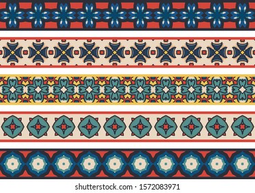 Set of five illustrated decorative borders made of abstract elements in beige, blue, turqoise, yellow and red