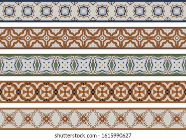 Conjunto de cinco bordas decorativas ilustradas feitas de elementos abstratos em bege, marrom, azul e verde