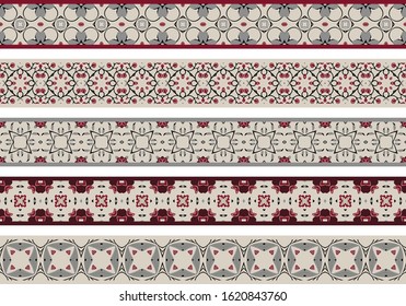 Set of five illustrated decorative borders made of abstract elements in beige, gray, brown, red and black