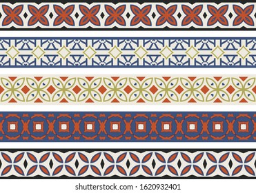 Set of five illustrated decorative borders made of abstract elements in beige, red, blue, yellow and black