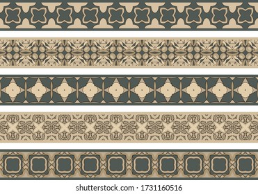 Conjunto de cinco bordes decorativos ilustrados de elementos abstractos en tonos beige y gris