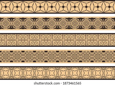 Conjunto de cinco bordes decorativos ilustrados hechos de elementos abstractos en beige y marrón