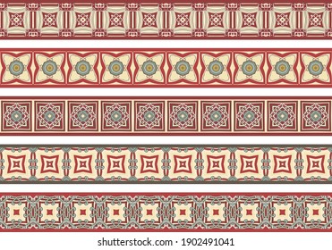 Conjunto de cinco bordes decorativos ilustrados de elementos abstractos en beige, rojo, azul y gris