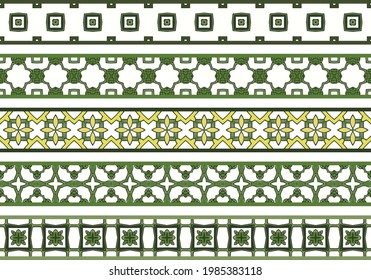 Conjunto de cinco bordes decorativos ilustrados hechos de elementos abstractos en blanco, verde y amarillo