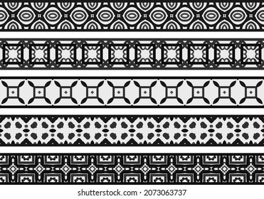 Conjunto de cinco bordes decorativos ilustrados hechos de elementos abstractos en blanco, gris y negro