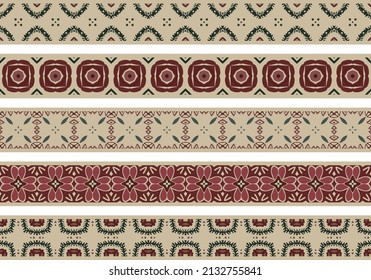 Set of five illustrated decorative borders made of abstract elements in beige, green and red