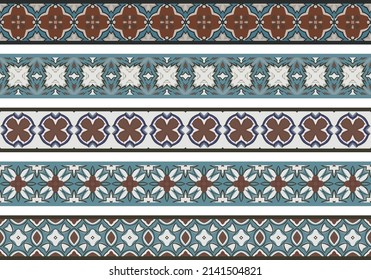 Set of five illustrated decorative borders made of abstract elements in white,beige, brown, blue, turquoise and black
