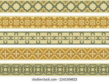 Conjunto de cinco bordes decorativos ilustrados hechos de elementos abstractos en beige, verde y amarillo