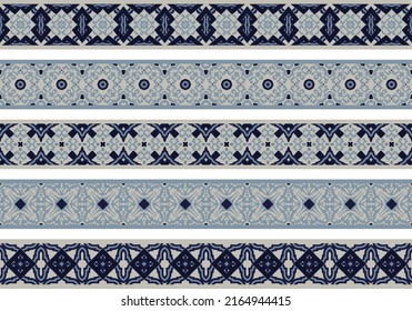 Set of five illustrated decorative borders made of abstract elements in light gray and shades of blue