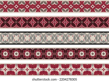 Set of five illustrated decorative borders made of abstract elements in beige, red, brown, black and gray