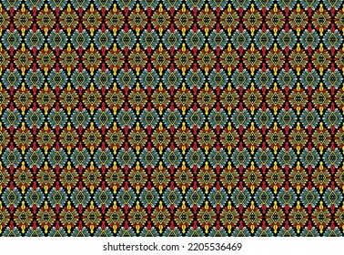 Set of five illustrated decorative borders made of abstract elements in beige, red, blue, yellow, and black