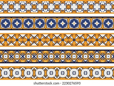 Set of five illustrated decorative borders made of abstract elements in white, orange and blue