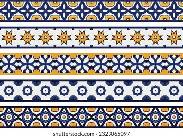 Set of five illustrated decorative borders made of abstract elements in white, yellow and shades of blue