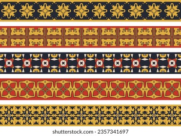 Set of five illustrated decorative borders made of abstract elements in beige, yellow, red and black