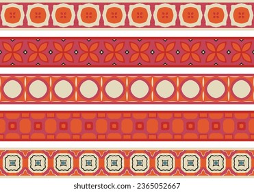 Set of five illustrated decorative borders made of abstract elements in beige, orange, pink, red, black and turquoise